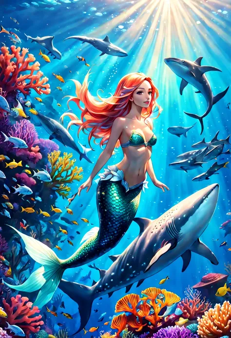 breathtaking A fantasy digital illustration of a mermaid gracefully swimming alongside a whale shark, vibrant coral reef below, rays of sunlight beaming down, colorful fish surrounding them, mystical and serene . award-winning, professional, highly detaile...