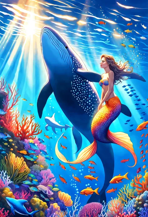 breathtaking A fantasy digital illustration of a mermaid gracefully swimming alongside a whale shark, vibrant coral reef below, rays of sunlight beaming down, colorful fish surrounding them, mystical and serene . award-winning, professional, highly detaile...