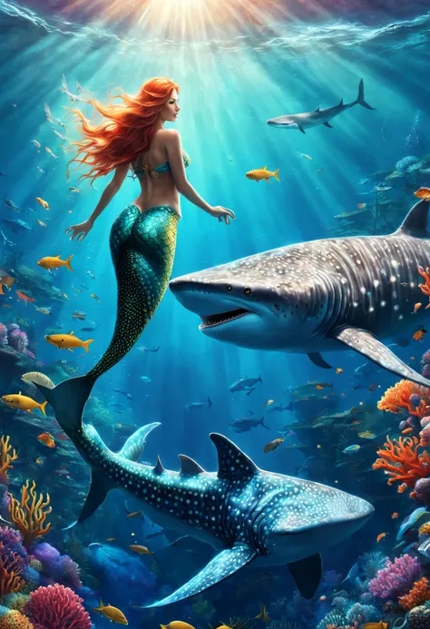 breathtaking A fantasy digital illustration of a mermaid gracefully swimming alongside a whale shark, vibrant coral reef below, rays of sunlight beaming down, colorful fish surrounding them, mystical and serene . award-winning, professional, highly detaile...