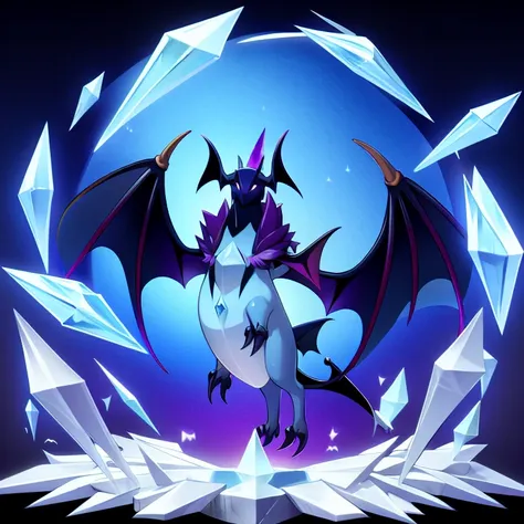 full body anime picture of a crystaline abyss bat monster , blue crystal ,bat , bat wings , legless , ice