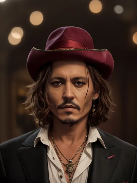 wearing hat and suit、Alafid man wearing necklace and necklace, portrait of Johnny depp, Johnny depp portrait, Johnny depp, Johnny depp as tony stark, frank dillane, artistic, Johnny depp as the joker, jack sparrow, portrait of captain jack sparrow, heres J...