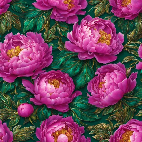 Beautiful pattern of shimmering lush magenta peonies, lots of leaves, green, emerald, gold, glow, digital painting, filigree fine detail, hyper-detailing, hyper-realism, high definition, bright and juicy, 128k