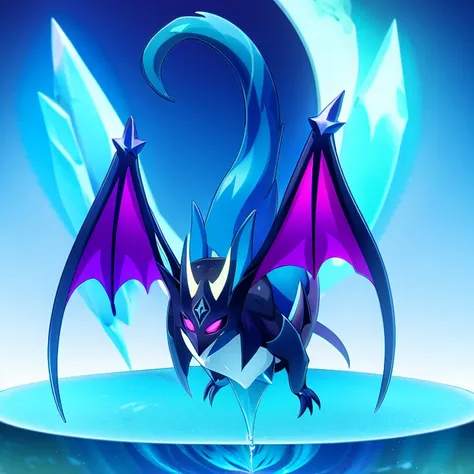 full body anime picture of a crystaline abyss bat monster , aqua crystal ,bat , bat wings , legless , water