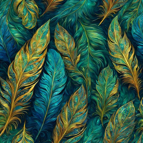 Beautiful pattern of shimmering large feathers, lots of leaves, blue, yellow, green, minty, gold threads, glow, digital painting, filigree fine detail, hyper-detailing, hyper-realism, high definition, bright and juicy, 128k