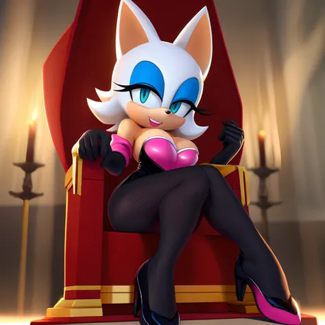 Rouge in a Black bodystocking suit sits on a throne and the