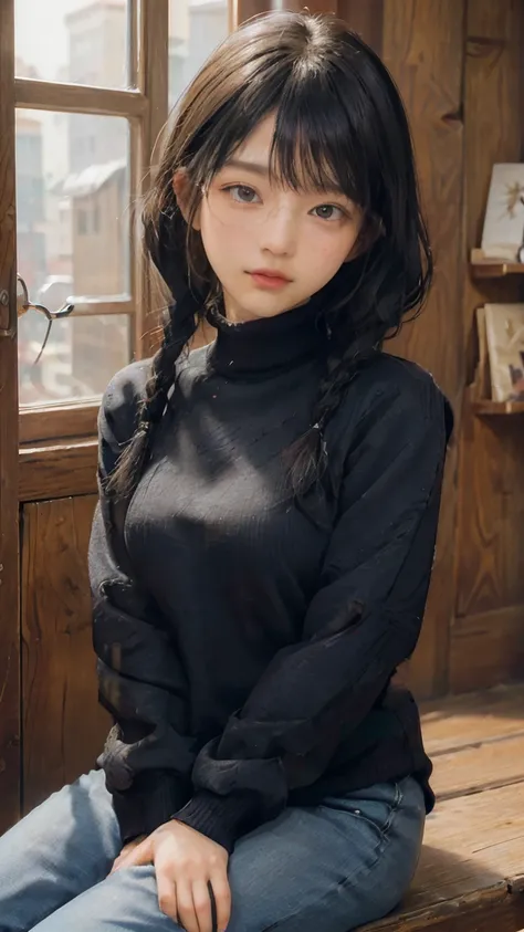 masterpiece, highest quality, one woman, Japanese people in their 20s, (black hair, very short hair, two braids, curly hair, With bangs), (symmetrical beauty, small face, sharp outline, thick eyebrows, dark eyebrows, realistic eyes, double eyelid, droopy e...