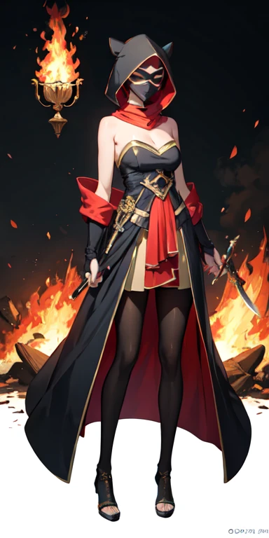 ((best quality)), ((masterpiece)), (detailed),full body anime picture of a masked agent , fire , hooded , sleeveless strapless outfit , gown , french gown , mask , pantyhose , knives , knives hung on clothing