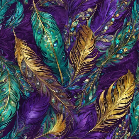 Beautiful pattern of shimmering large feathers, purple, yellow, lots of leaves, green, minty, diamonds, amethyst, gold threads, glow, digital painting, filigree fine detail, hyper-detailing, hyper-realism, high definition, bright, 128k