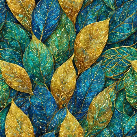 Beautiful pattern of shimmering large leaves, blue, yellow, lots of leaves, green, minty, diamonds, saphire, gold threads, glow, digital painting, filigree fine detail, hyper-detailing, hyper-realism, high definition, bright, 128k