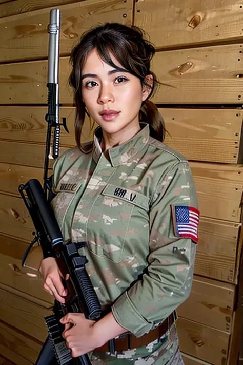 A half-Korean, half-Japanese woman with blue eyes, charming, sexy, firm figure, in ripped camouflage, holding a rifle and aiming at something with the rifle. of a girl sniper in war military photography, infantry girl, beautiful female soldier, military gi...