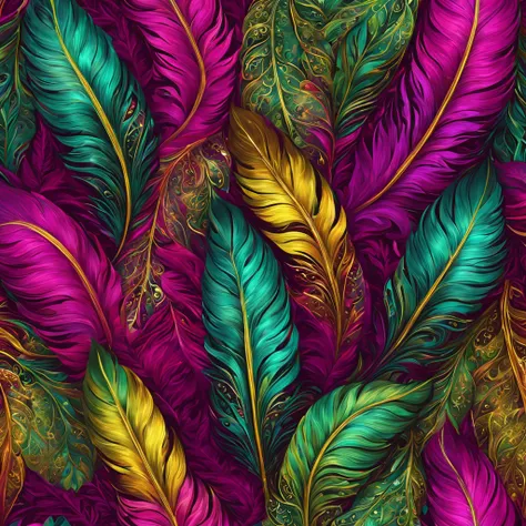 Beautiful pattern of shimmering large feathers, lots of leaves, magenta, yellow, green, minty, gold threads, glow, digital painting, filigree fine detail, hyper-detailing, hyper-realism, high definition, bright and juicy, 128k