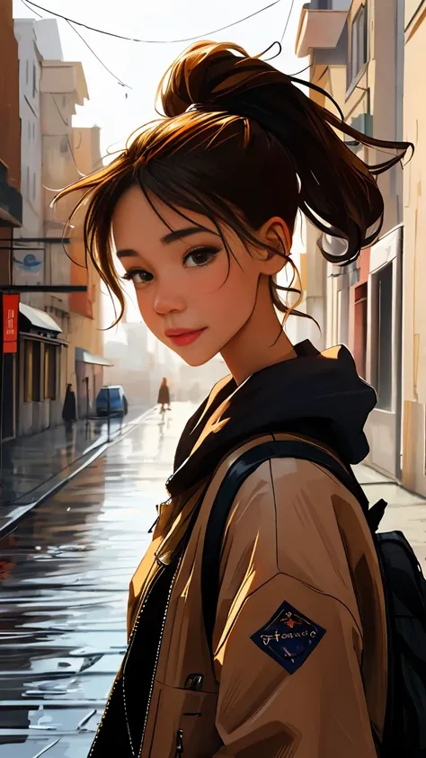 fashion style, masterpiece, best quality, 8 thousand, artstation, sharp focus, (surreal:1.5), (high details:1.4), raw photo of a young woman, street smiling, brown hair,rucksack, ponytail, withered, Complex things around us, complicated background, soggy, ...