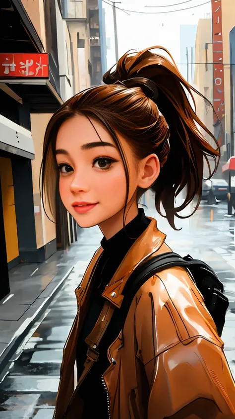 fashion style, masterpiece, best quality, 8 thousand, artstation, sharp focus, (surreal:1.5), (high details:1.4), raw photo of a young woman, street smiling, brown hair,rucksack, ponytail, withered, Complex things around us, complicated background, soggy, ...