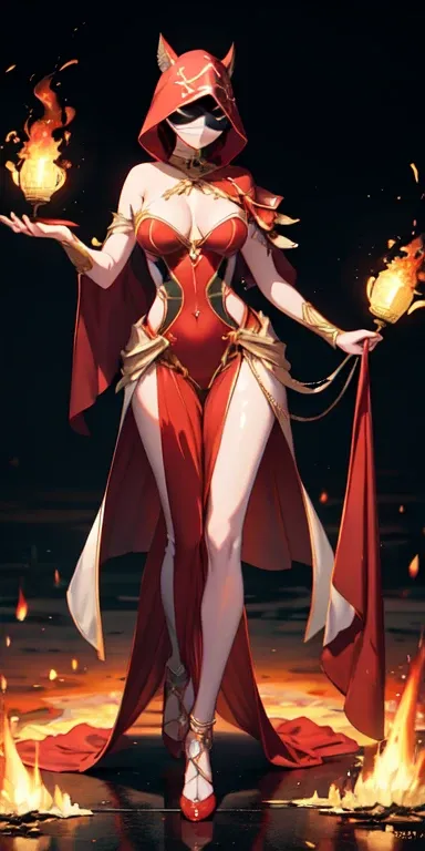 ((best quality)), ((masterpiece)), (detailed),full body anime picture of a masked mage , fire , hooded , sleeveless strapless outfit , gown , french gown , mask , pantyhose ,  leotard , mage , holding lantern , completely red clothing