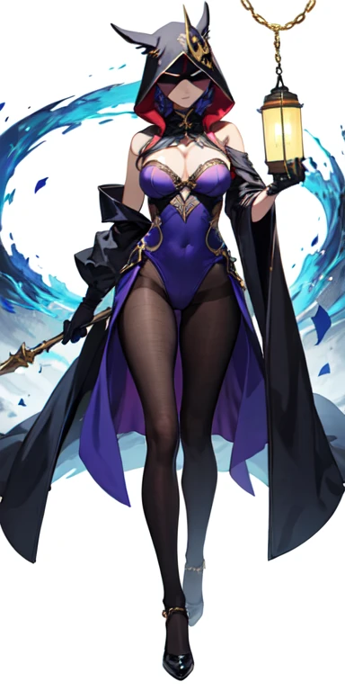 ((best quality)), ((masterpiece)), (detailed),full body anime picture of a masked mage , thunder , hooded , sleeveless strapless outfit , gown , french gown , mask , pantyhose ,  leotard , mage , holding lantern , completely purple clothing , hidden eyes