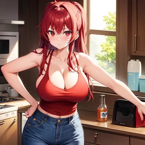 girl, red hair, red eyes, pouting face, big tits!!!, yellow tank top, jeans, standing in the kitchen 