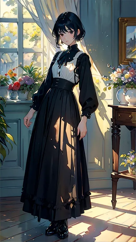 ((Watercolor by singer Sargent))、(highest quality、masterpiece)、1 girl、16 years old、wonderful、short black hair、black eye、small breasts、uniform、long skirt、study、flower shop、table、Floral、tea set、window、aquarium、Foliage plant、 wood,soft light、