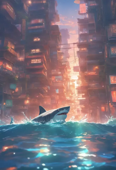 Shark swimming over the city，Looking up，Makoto Shinkai animation style，Makoto Shinkai animation art style，Ultra-wide angle of view，Chinese style，Red brick house in the 1980s，Vision，The colors are bright and bright，Super fine，Super detailed，high quality，8k ...