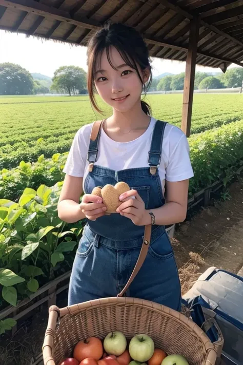 please create a scene of a 20-year-old woman enjoying farming in ultra-high resolution.