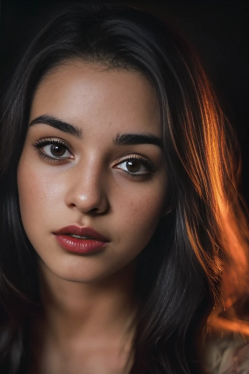 (Close-up, fotografia editorial de uma mulher de 21 anos), (Rosto altamente detalhado:1.4) (sorrir:0.7) (fundo dentro escuro, Moody, estudo privado:1.3) Pov, Directed by: Lee Jeffries, Nikon D850 |, filme fotografia de stock ,4 Kodak Portra 400 ,camera f1....