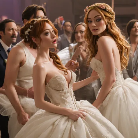 ((((Emmy Rossum Katherine McNamara and Olivia Wilde in wedding dress)))) deepthroated by big tentacles, views upwards to a giant tentacle, ahegao, focus on big tentacle, looking at tentacle, horny, red lipstick, pleased, pierced nipples, screaming, moaning...