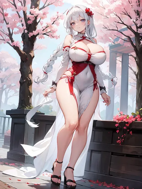 1girl,  enormous breasts, curvy figures, seductive smile, full body, white hairs, red eyes, white dress, braided hairstyle, sakura tree high res, (masterpiece)