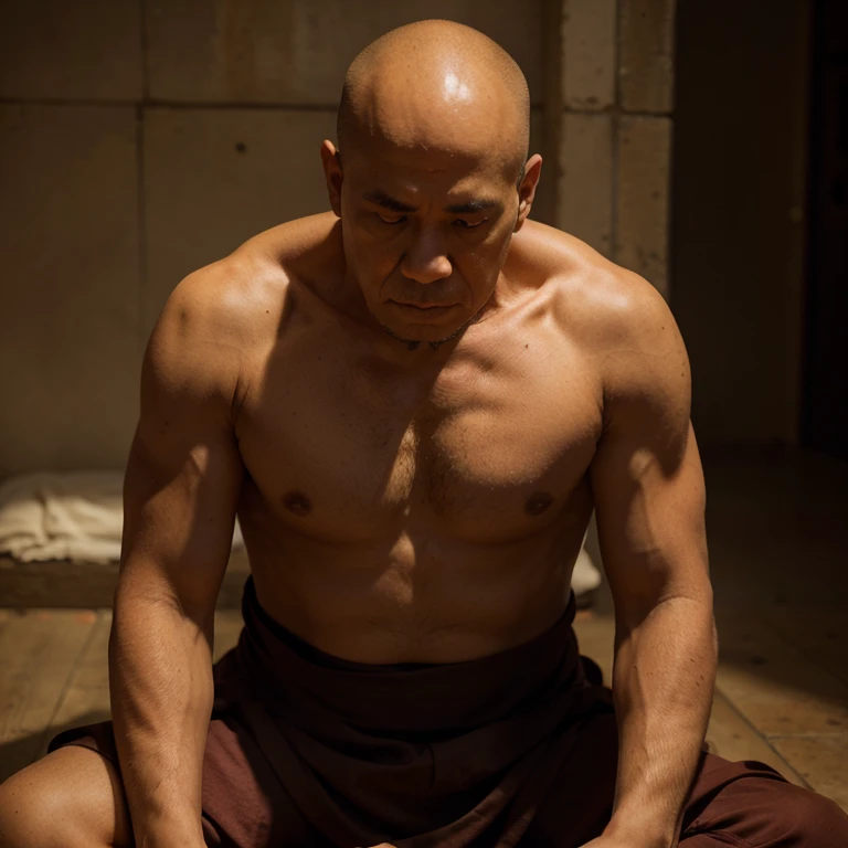 A middle-aged monk with a formidable appearance.,meditating, In the corner of his eyes he focused hard.