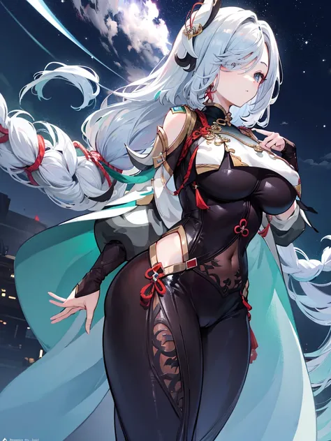 Shenhe, tight pants, butt, seductive, thick thighs, night sky view, realistic, best quality, masterpiece, ultra detail, ultra high res