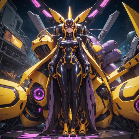 NSFW，Pilot and giant battle mecha，The pilot is inside a giant battle mech.，Pilot details(Height: 160cm，The pilot is in front of a giant battle mech.，The pilot wears a Renamon-type full body suit.，He hides his face with a Renamon-type full face.，Riding in a...