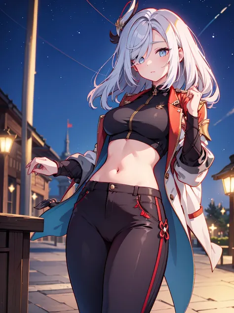 Shenhe, tight pants, butt, seductive, thick thighs, night sky view, realistic, best quality, masterpiece, ultra detail, ultra high res