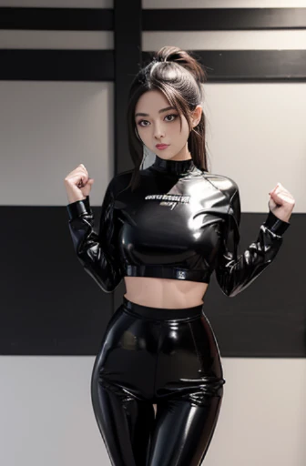 a woman in a black latex outfit, trending on cg society, wearing a cute top, 🤬 🤮 💕 🎀, black shiny eyes, two piece workout clothes, girl in suit, light on top, daverapoza, close body shot, fancy top, with a thin waist