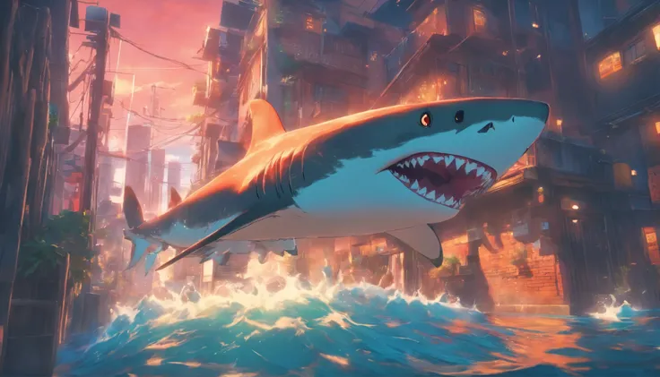 Shark swimming over the city，Looking up，Makoto Shinkai animation style，Makoto Shinkai animation art style，Ultra-wide angle of view，Chinese style，Red brick house in the 1980s，Vision，The colors are bright and bright，Super fine，Super detailed，high quality，8k ...