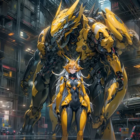 NSFW，Pilot and giant battle mecha，The pilot is inside a giant battle mech.，Pilot details(Height: 160cm，The pilot is in front of a giant battle mech.，The pilot wears a Renamon-type full body suit.，He hides his face with a Renamon-type full face.，Riding in a...