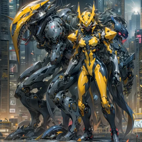 NSFW，Pilot and giant battle mecha，The pilot is inside a giant battle mech.，Pilot details(Height: 160cm，The pilot is in front of a giant battle mech.，The pilot wears a Renamon-type full body suit.，He hides his face with a Renamon-type full face.，Riding in a...