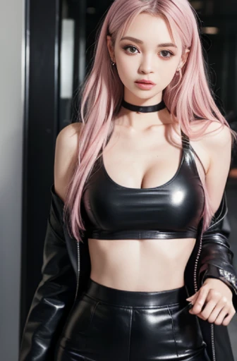 a woman in a pink top and black leather skirt, open shirt, satin silver, portrait sophie mudd, wearing a sexy cropped top