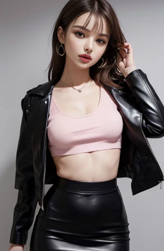 a woman in a pink top and black leather skirt, open shirt, satin silver, portrait sophie mudd, wearing a sexy cropped top