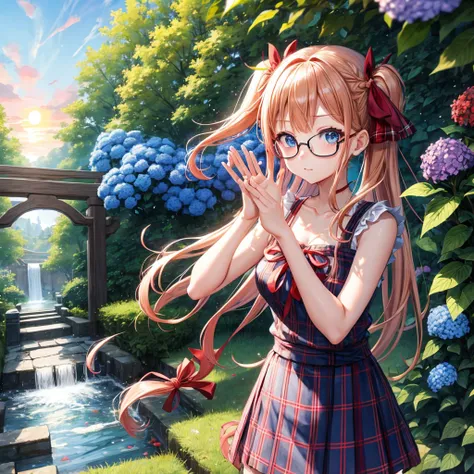 Red-blonde、blue hair、blue eyes、Braid、one good looking girl、solo、anime、Plaid miniskirt、camisole、black t-shirt、Tilting your face、Doing the ribbon、Ribbon at waist、sunset sky、shrine、stone stairs、petal、tunnel、drawing a fortune、Fallen leaves、fixing glasses、water...