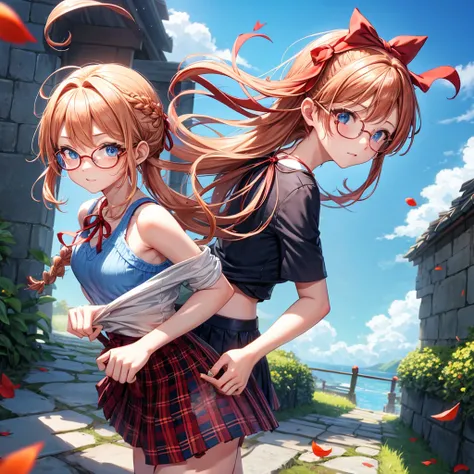 Red-blonde、blue hair、blue eyes、Braid、one good looking girl、solo、anime、Plaid miniskirt、camisole、black t-shirt、Tilting your face、Doing the ribbon、Ribbon at waist、sunset sky、shrine、stone stairs、petal、tunnel、drawing a fortune、Fallen leaves、fixing glasses、water...