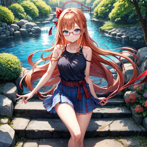 Red-blonde、blue hair、blue eyes、Braid、one good looking girl、solo、anime、Plaid miniskirt、camisole、black t-shirt、Tilting your face、Doing the ribbon、Ribbon at waist、sunset sky、shrine、stone stairs、petal、tunnel、drawing a fortune、Fallen leaves、fixing glasses、water...