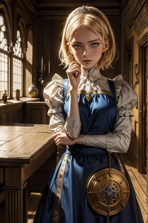 Marta Gromova (Ukrainian model), short hair, blonde, beautiful blue eyes, medieval maid dress, shy pose, embarrassed face, In the medieval room