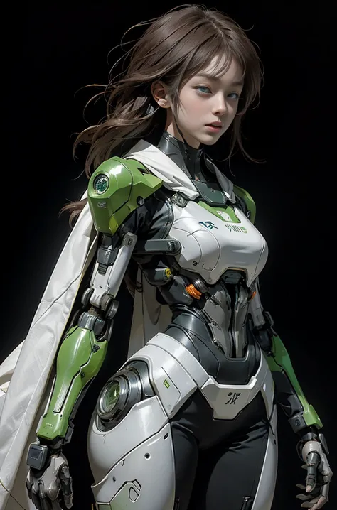 The image shows a futuristic, anime-style drawing of a woman with long, flowing hair and a robotic body. She is wearing a sleek, white suit with orange accents and has a green glow around her body. Her eyes are large and round, giving her a curious and mys...