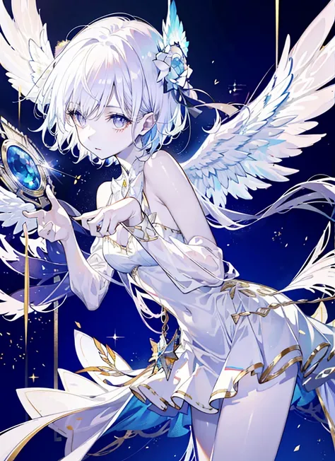 An an angel is depicted with a pale and Luminous complexion, their skin seemingly Luminous with an otherworldly Shine. They are adorned with a pair of sparkling and elegant wings, symbolizing their divine nature. The scene is unearthly and Charming, captur...