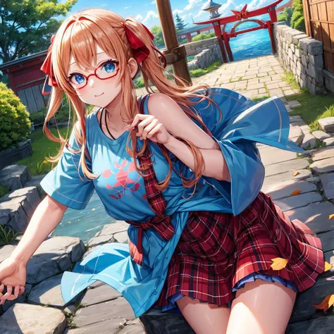 Red-blonde、blue hair、blue eyes、Braid、one good looking girl、solo、anime、Plaid miniskirt、camisole、black t-shirt、Tilting your face、Doing the ribbon、Ribbon at waist、sunset sky、shrine、stone stairs、petal、tunnel、drawing a fortune、Fallen leaves、fixing glasses、water...