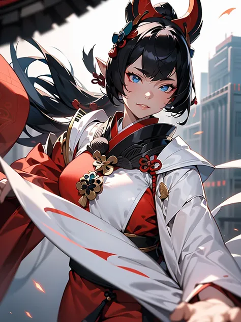 ((Japan)),((Best quality)),((beautifully painted)),((a high resolution)),1 girl in,Glowing beautiful elf daughter,(((onmyoji))),(((Suykan))),((White cloak with red decor)),Luminescent thick silver tail,(((black glove and glove))),good hand, perfect hands,(...