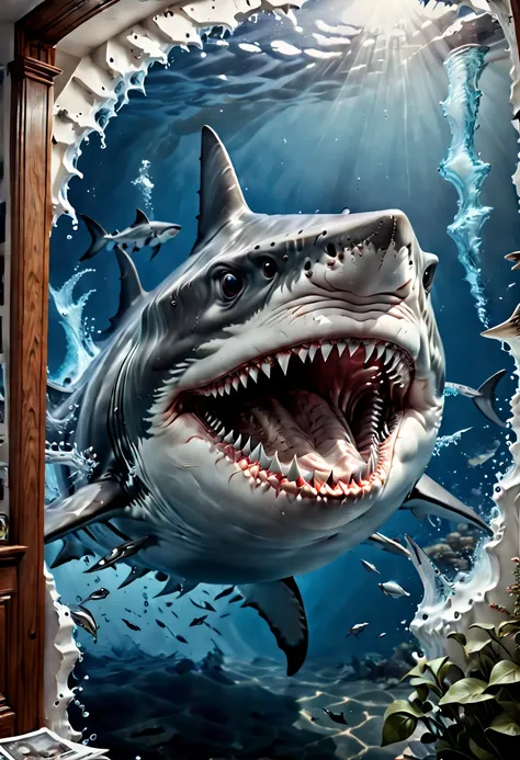 9 postcard wall, ferocious Shark, (realistic, photorealistic, RAWphoto:1.4), octane render, intricate, (best quality, masterpiece, Representative work, official art, Professional, 8k:1.3)