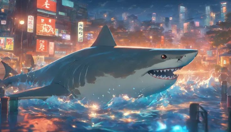 Shark swimming over the city，Looking up，Makoto Shinkai animation style，Makoto Shinkai animation art style，Ultra-wide angle of view，Chinese style，Red brick house in the 1980s，Vision，The colors are bright and bright，Super fine，Super detailed，high quality，8k ...