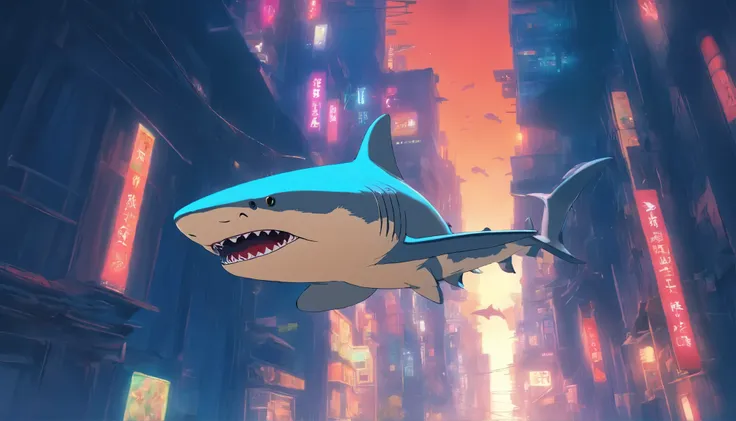 Shark swimming over the city，Looking up，Makoto Shinkai animation style，Makoto Shinkai animation art style，Ultra-wide angle of view，Chinese style，Red brick house in the 1980s，Vision，The colors are bright and bright，Super fine，Super detailed，high quality，8k ...