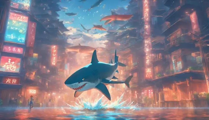 Shark swimming over the city，Looking up，Makoto Shinkai animation style，Makoto Shinkai animation art style，Ultra-wide angle of view，Chinese style，Red brick house in the 1980s，Vision，The colors are bright and bright，Super fine，Super detailed，high quality，8k ...