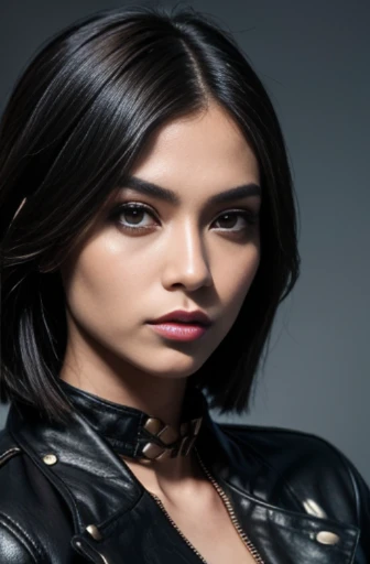 a close up of a woman wearing a leather jacket, inspired by Hedi Xandt, trending on cg society, popular south korean makeup, chin-length hair, dark cape, 💣 💥, south east asian with round face, avatar image, wlop loish and clamp style, instagram model, cind...