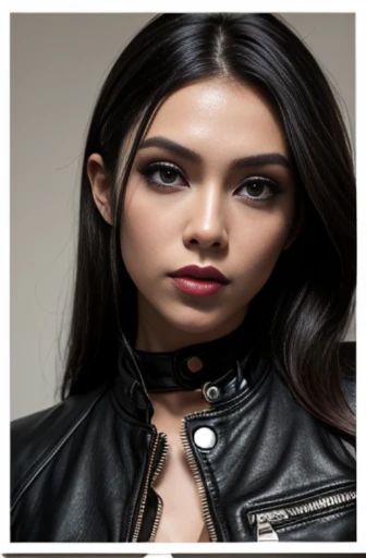 a close up of a woman wearing a leather jacket, inspired by Hedi Xandt, trending on cg society, popular south korean makeup, chin-length hair, dark cape, 💣 💥, south east asian with round face, avatar image, wlop loish and clamp style, instagram model, cind...